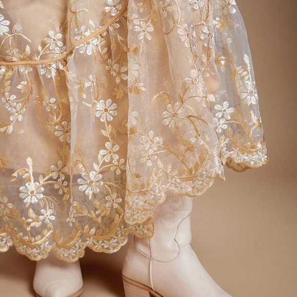 White Boho Women's Embroidered Floral Mesh Drawstring Tiered Flowy Maxi Skirt - Picture 7 of 7